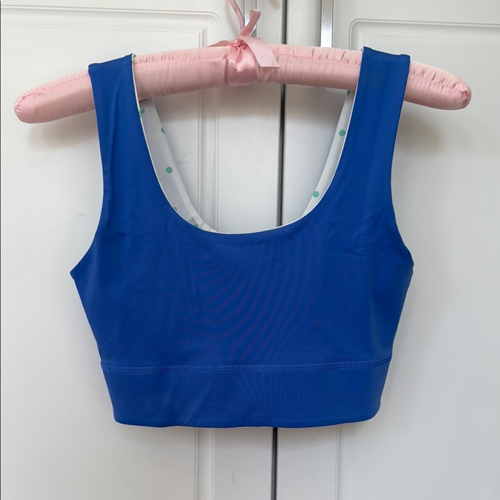Fabletics Sports Bra, Double-Sided Vibrant Blue/White green dots, Size S